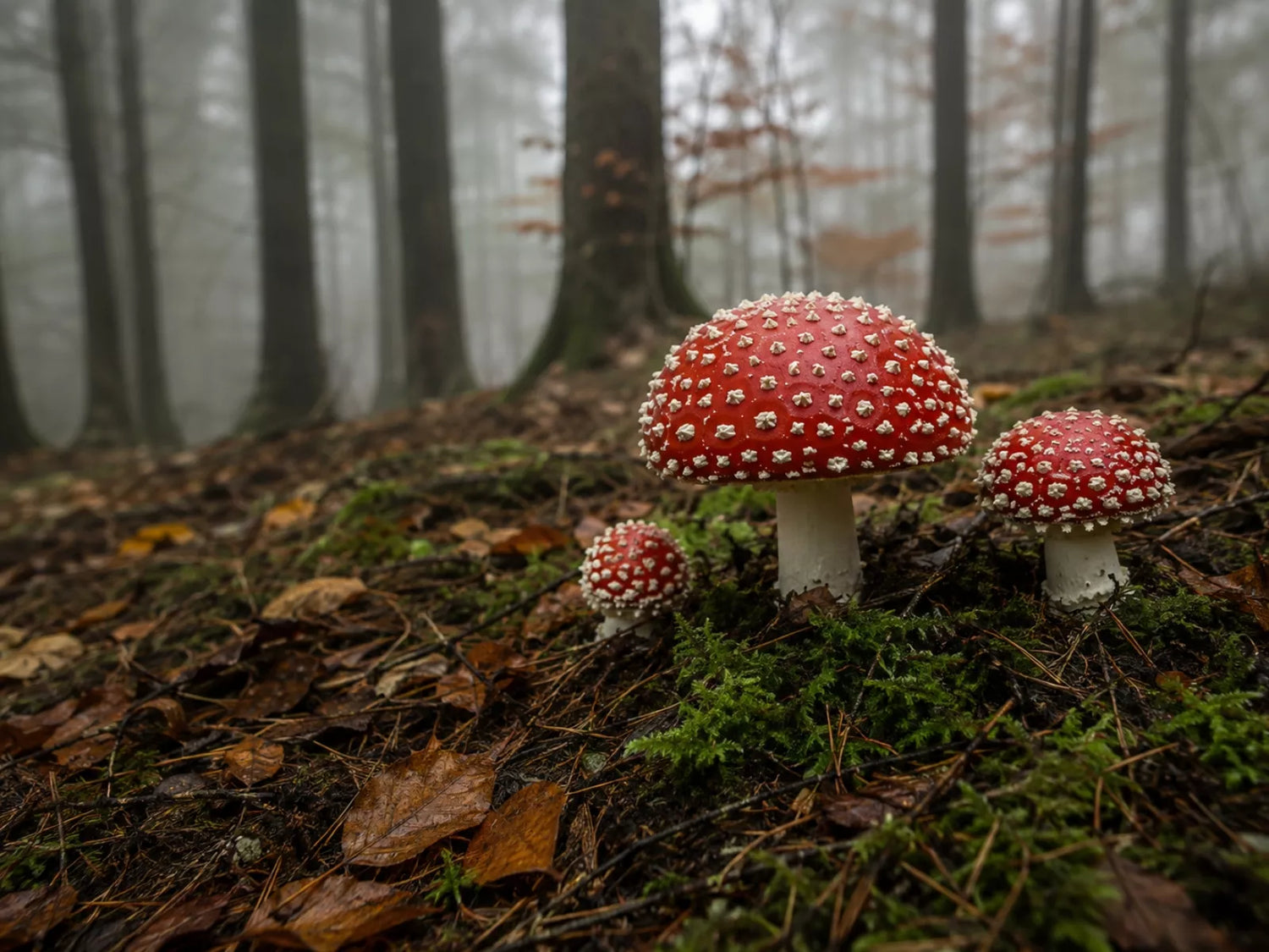 Rote Fliegenpilze (Amanita muscaria) in natürlicher Waldumgebung