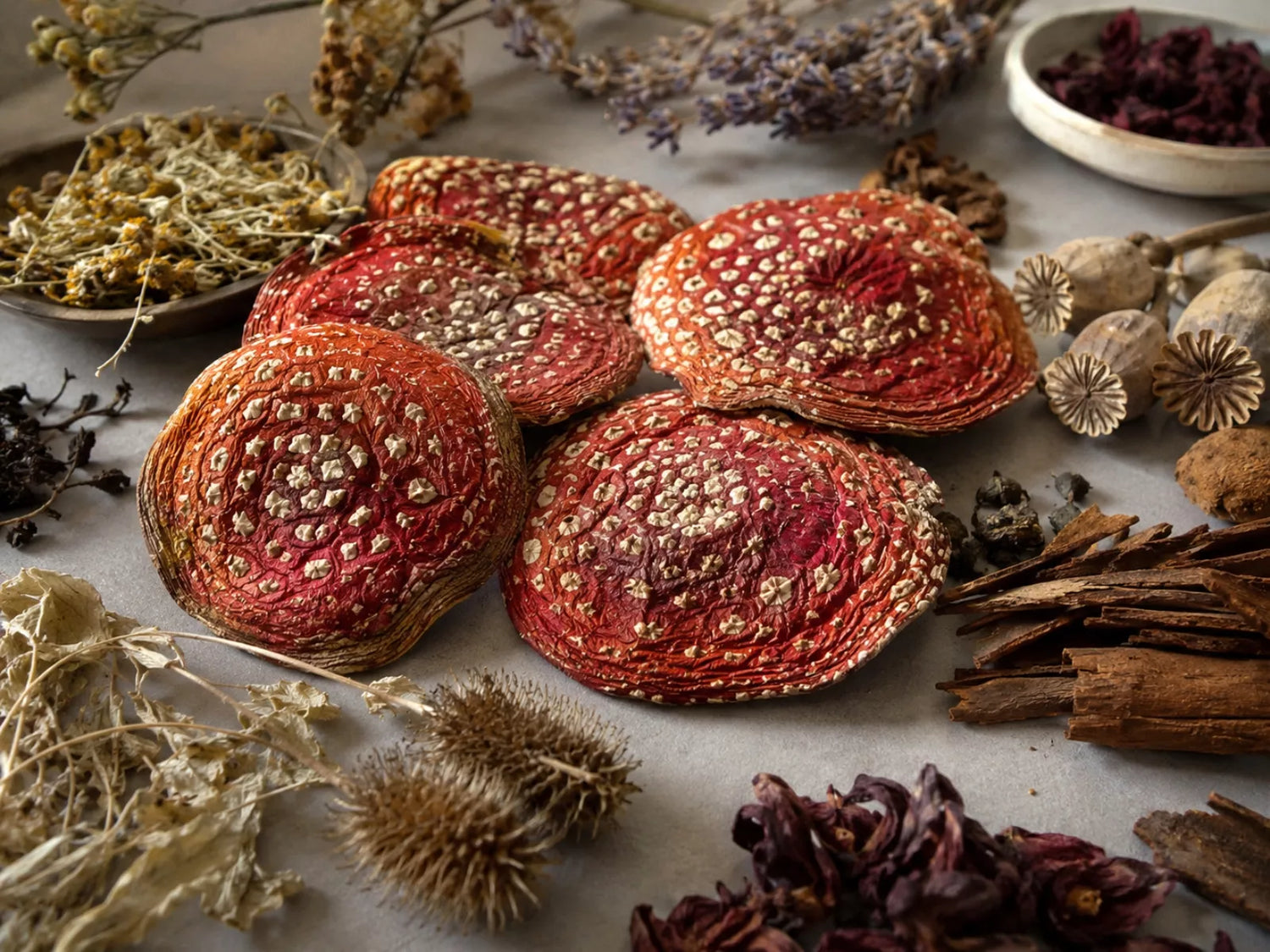 Getrocknete Fliegenpilz-Kappen mit getrockneten Botanicals arrangiert